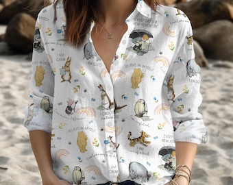 Winnie The Pooh Women Blouse, Disney Cartoon Casual Shirt, Pooh Eeyore Piglet Tigger Button Up Shirt, Disney Vacation Summer Shirt