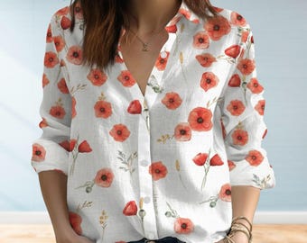 Boho Poppy Flowers Women Blouse, Poppy Lover Gift, Button Up Shirt, Floral Women Shirt, Summer Shirt, Cute Casual Top, Gift For Her