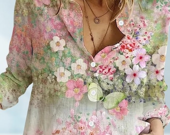 Vintage Floral Blouse Shirt, Retro Flowers Women Blouse, Floral Button Up Shirt, Cottagecore Shirt for Women, Casual Top, Gift For Her