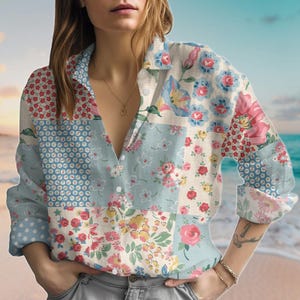 Vintage Floral Linen-Look Shirt, Wildflower Blouse Shirt, Cottagecore Women’s Summer Top, Nature Lover Shirt For Vacation, Gift For Her