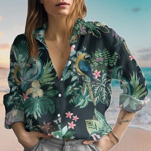 Tropical Parrot Linen-Look Shirt, Botanical Women Blouse Shirt, Jungle Bird Print Casual Top, Vacation Summer Outfits, Button Up Shirt