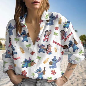 Camisa de lino de Lilo y Stitch, blusa de dibujos animados de Disney para mujer, camisa con botones de Stitch, camisa de manga larga de Stitch, camisa de Ohana significa familia
