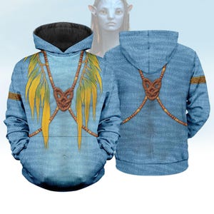 May include: A blue hoodie with a design inspired by the movie Avatar. The front features a brown necklace design with yellow and green leaf accents. The back of the hoodie also has the necklace design. The hood is black.
