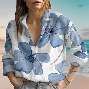 Bold Blue Floral Blouse Shirt For Women, Flower Button Shirt, Lightweight Casual Vacation Top, Linen-Look Shirt, Summer Gift For Her