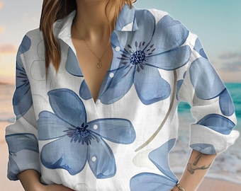 Bold Blue Floral Blouse Shirt For Women, Flower Button Shirt, Lightweight Casual Vacation Top, Casual Shirt, Summer Gift For Her