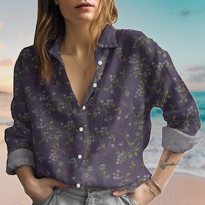 Boho Flowers Linen-Look Shirt, Retro Floral Flowers Blouse Shirt, Nature Casual Summer Shirt, Cottagecore Women Shirt, Gift For Her