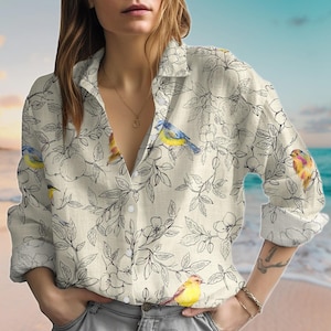 Birds And Flowers Linen-Look Shirt, Botanical Blouse Tops Women, Nature Love Casual Shirt, Gardening Blouse Shirt, Summer Gift for Her