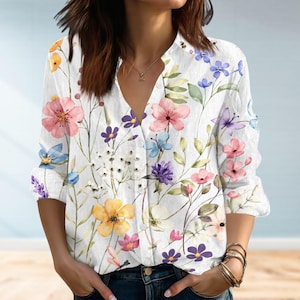 Koszula damska Wildflower, bluzka vintage z kwiatowym wzorem, top w kwiaty Cottagecore, koszula boho, koszula dla miłośniczki natury botanicznej, prezent dla niej