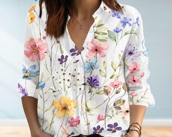 Chemise femme fleurs sauvages, chemise chemisier à fleurs vintage, haut floral cottagecore, chemise bohème, chemise amoureux de la nature botanique, cadeau pour elle