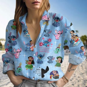 Lilo And Stitch Characters Women Blouse, Disney Cartoon Linen-Look Shirt, Stitch Button Shirt, Stitch Long Sleeve Shirt, Gift For Her