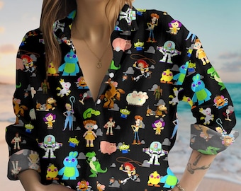 Disney Toy Story Casual Shirt, Toy Story Friends Women Blouse, Buzz Woody Jessie Button Up Shirt, Pixar Cartoon Gift For Her Fans