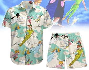 Peter Pan Button-shirt, herenshort, Disney Hawaiiaans shirt, Wendy Captain Hook Mr Smee Tick Tock Tinker Bell Nana-shirt, Neverland-shirt