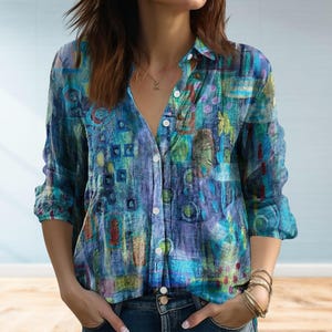 Camicetta da donna colorata con stampa patchwork, camicia boho, camicia da donna, camicia vintage, top estivo, camicia casual, camicia con bottoni, regalo per lei