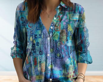 Colorful Patchwork Printed Blouse Women, Boho Shirt, Women Shirt, Vintage Shirt, Summer Top, Casual Shirt, Button Up Shirt Gift For Her