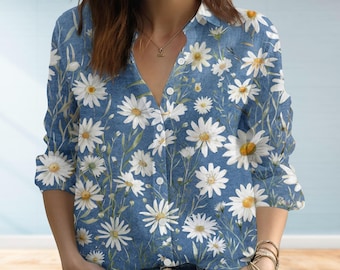 Daisy Flower Women Shirt, Wildflowers Blouse Shirt, Cottagecore Floral Top, Botanical Shirt, Nature Shirt, April Birth Flower Gifts