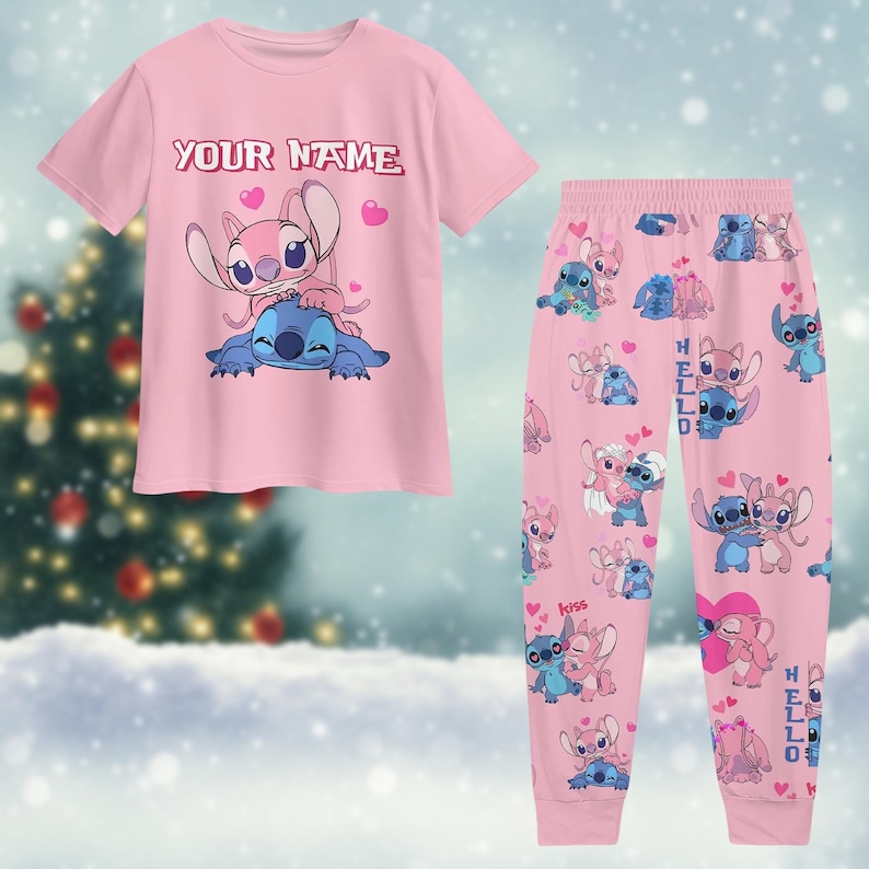 Personalized Stitch Angel Pajamas Set, Lilo Stitch Holiday Pajamas, Disney Stitch Womens Pajamas, Angel T-Shirt And Pants, Pjs Family