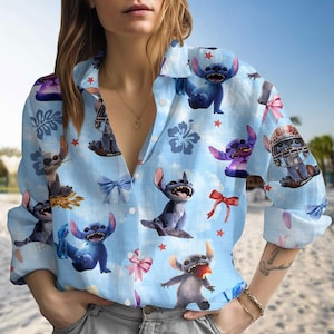 Stitch Movie Cotteque Bow Linen-Look Shirt, Disney Cartoon Women Blouse, Stitch Button Up Shirt, Long Sleeve Shirt, Summer Gift For Her