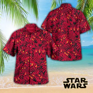 May include: Two red and black patterned short-sleeved shirts with a button-up front. The shirts have a geometric pattern with flames and a black background. The shirts are on a beach background with the text "STAR WARS" in the bottom right corner.