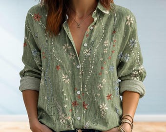 Chemise fleurs sauvages fausse broderie, chemise chemisier bohème étoile céleste, haut fleuri imprimé, vêtements rétro, chemise fleurs vintage pour femme