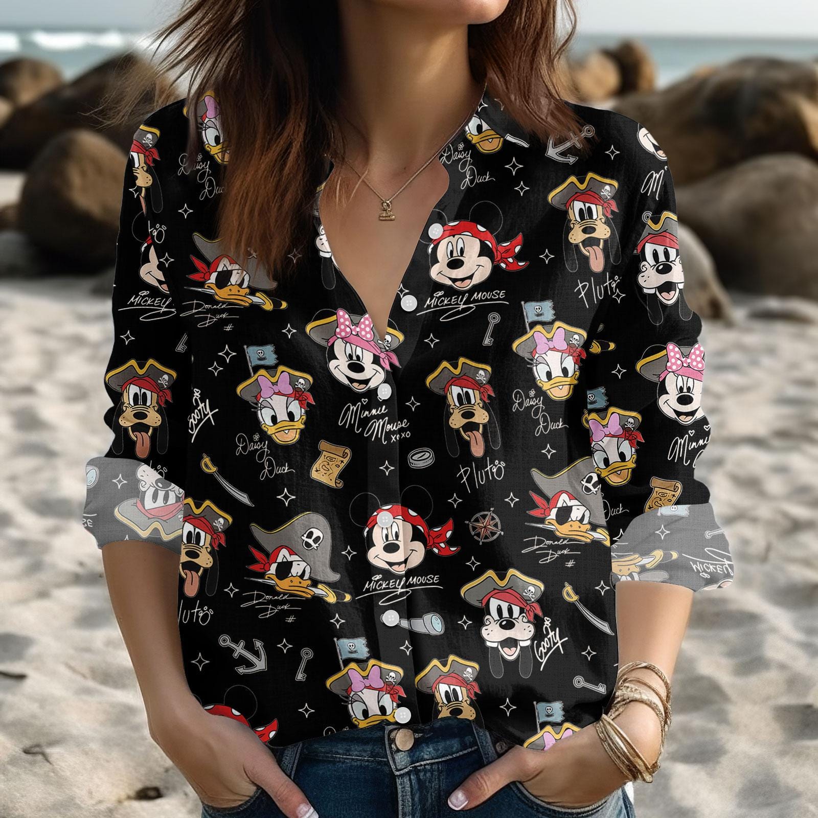 Discover Disney Pirate Blouse Shirt for Women, Mickey and Friends Pirate Crew, Minnie Goofy Donald Daisy Top, Disney Cruise Gifts