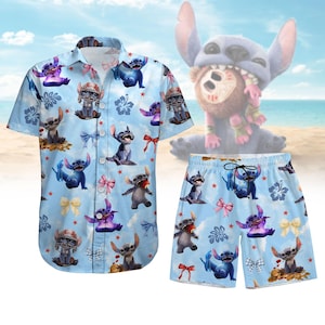 Camisa con botones de lazo de Stitch, pantalones cortos para hombre, camisa de dibujos animados de Disney, camisa hawaiana de Stitch, camisa de playa, regalo de verano para ella y él.