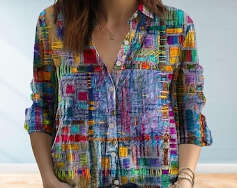 Chemisier imprimé patchwork coloré pour femme, haut décontracté, chemise bohème, chemise hippie, chemise boutonnée, chemise d'été, chemise femme, cadeau pour elle