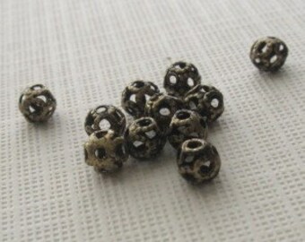 40 Antiqued brass 4mm round filagree beads