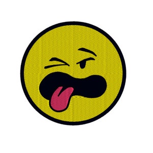 May include: Yellow smiley face with a black mouth and a pink tongue sticking out. One eye is closed and the other is open and looking to the side.