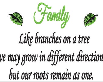 May include: A green cursive word "Family" with two green leaves on either side. The text below reads "Like branches on a tree we may grow in different directions but our roots remain as one."