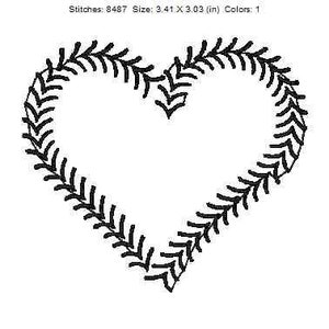 May include: Black and white embroidery design of a baseball stitch heart. The design is 3.41 inches wide and 3.03 inches tall.