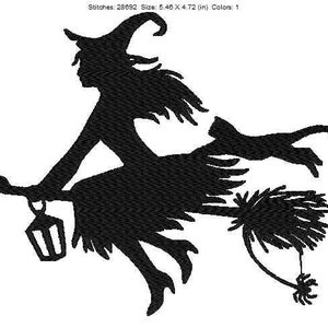 Flying Witch and Cat on Broom Embroidery design two hoop sizes