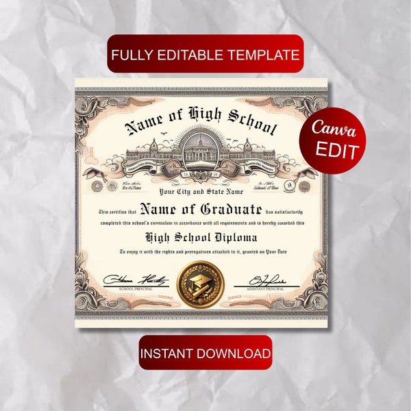 High School Diploma Template Etsy