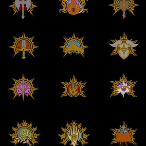 May include: Twelve different digital illustrations of fantasy class symbols. Each symbol is a stylized sunburst with a different icon in the center. The icons include a battleaxe, a lute, a dagger, a sword, a pair of scissors, a hand with a paw print, a crown, an eye, a shield, a tree branch, a bell, and a hand with a paw print.