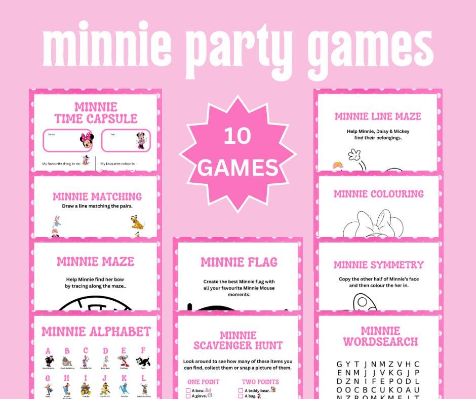 Kids Minnie Game Pack, Printable Party Games, Minnie Party, Party Pack, Minnie Printables, Party Prints, Minnie Games