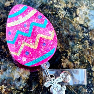 Easter Egg Bright Pink Sparkle Holiday Teacher Nurse Doctor Tech Badge Reel RN