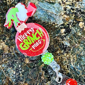 Custom Grinchmas Mean One Christmas Holiday Ornament Hand Teacher Nurse Badge Reel Retractable RN Tech Doctor