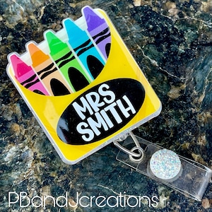 Personalized Crayon Box Colors Education Retractable Teacher Doctor Glitter Badge Reel