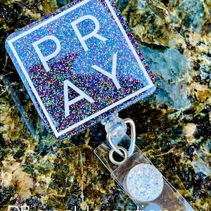 PRAY black religious God Teacher Nurse Doctor RN Tech Glitter Badge Reel