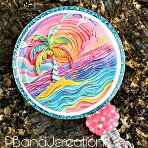 Summer Palm Tree Sparkle Glitter Retractable Doctor Nurse RN Tech Teacher Badge Reel