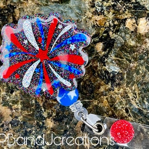 Patriotic USA July 4th Sparkle Fireworks Doctor RN Tech Teacher Nurse Badge Reel