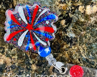 Patriotic USA July 4th Sparkle Freedom Fireworks Doctor RN Tech Teacher Nurse Retractable Badge Reel