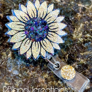 Black and Gold Sunflower Sparkle Glitter Doctor RN Tech Teacher Nurse Badge Reel