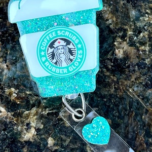 Inspired Iced Coffee Scrubs Rubber Gloves Glitter Doctor Tech Nurse Teacher RN Vet Retractable Badge Reel