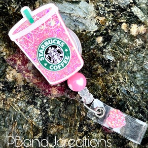 Inspired Iced Coffee Pink Drink Glitter Doctor Tech Nurse Teacher Retractable Badge Reel