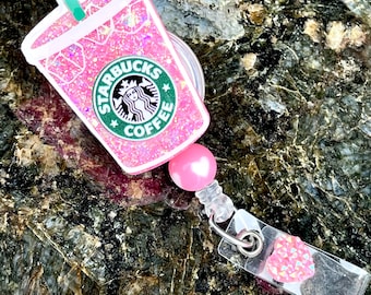 Inspired Iced Coffee Pink Drink Glitter Doctor Tech Nurse Teacher Retractable Badge Reel