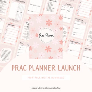 Peut inclure: Un planificateur imprimable rose et blanc avec un motif floral et le texte "Prac Planner" dans un cercle. Le texte "Thriving & Teaching" est sous le cercle. Le texte "Téléchargement numérique imprimable" est sous le planificateur. Le texte "créé avec amour @thrivingandteaching" est sous le texte de téléchargement.