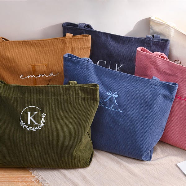 Gepersonaliseerde cadeautas bruidsmeisje, draagtas bruidsmeisje, corduroy draagtas, draagtas met ritssluiting, naamtas, monogramtas, huwelijksfeestcadeaus