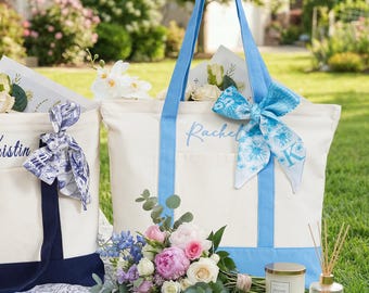 Custom Embroidered Canvas Tote Bag, Bridesmaid Gift Tote Bag, Tote Gift Bag with Zipper, Beach Bag with Name, Wedding Party Bag,Monogram Bag