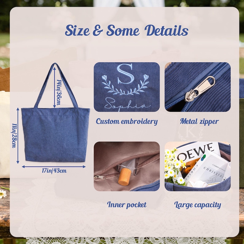 Personalisierte Cord Tasche, Brautjungfer Geschenk Tasche, Tragetasche mit Reißverschluss, Name Tasche, Monogramm Tasche, Hochzeit Geschenke, Schultertasche Bild 10