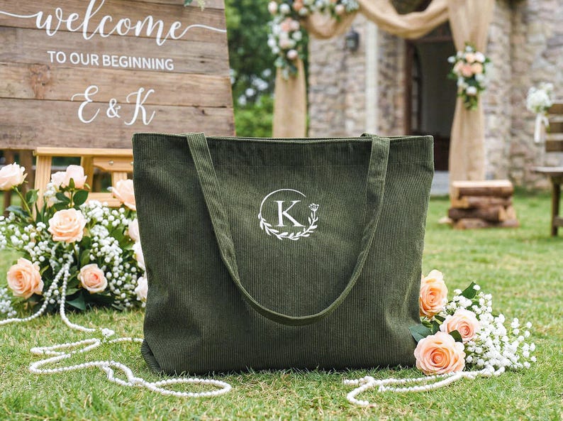 Personalized Bridesmaid gift bag, Bridesmaid Tote bag, Corduroy Tote Bag, Tote Bag with Zipper, Name Bag, Monogram Bag, Wedding Party Gifts image 3